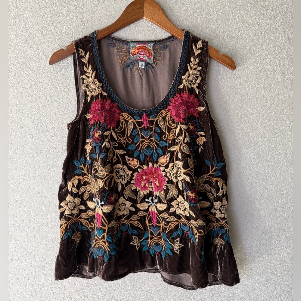 Johnny Was Brown Velvet Floral Embroidered Tank with Pink and Teal Accents